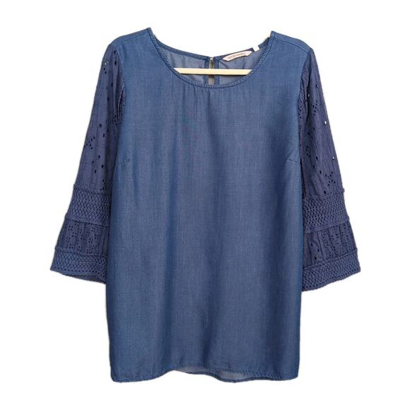 SOFT SURROUNDINGS Blue Chambray Tunic Contrast Eyelet Sleeve Women's Medium - Picture 1 of 4